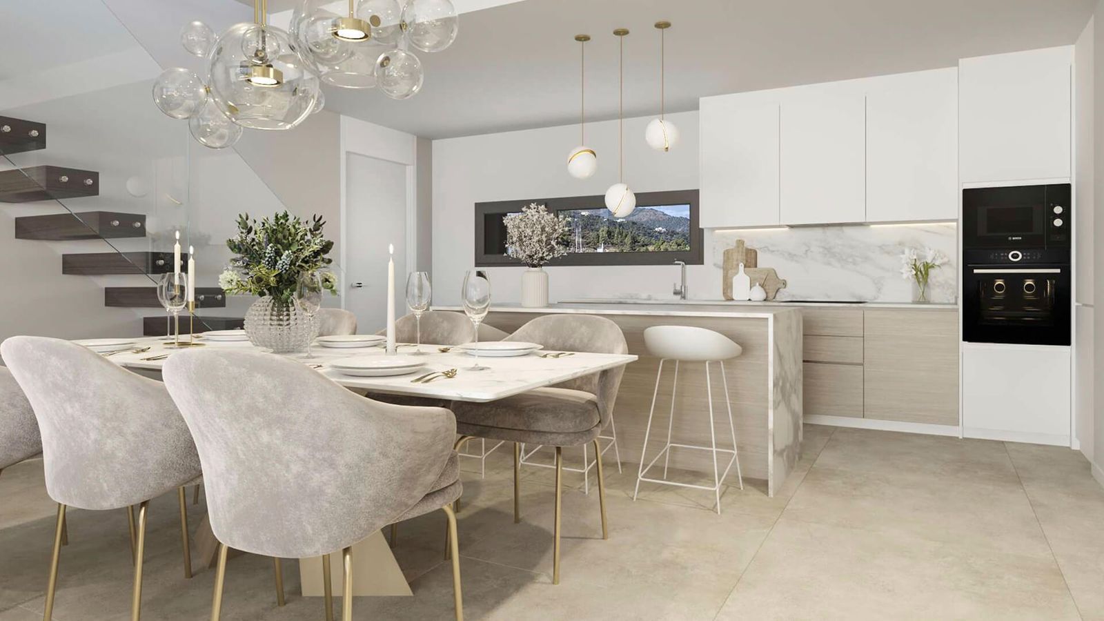 Modern matplats med öppet kök, elegant design och neutrala toner.